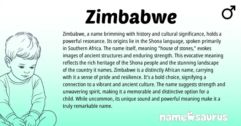 Infographic about Zimbabwe name meaning, Zimbabwe is a name from African, Shona origin(s).