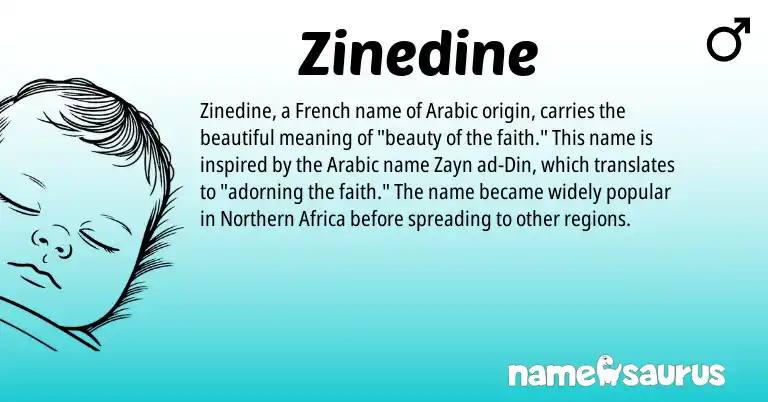 Infographic about Zinedine name meaning, Zinedine is a name from French, Arabic origin(s).
