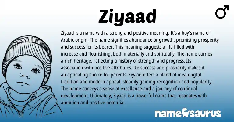 Infographic about Ziyaad name meaning, Ziyaad is a name from Arabic origin(s).