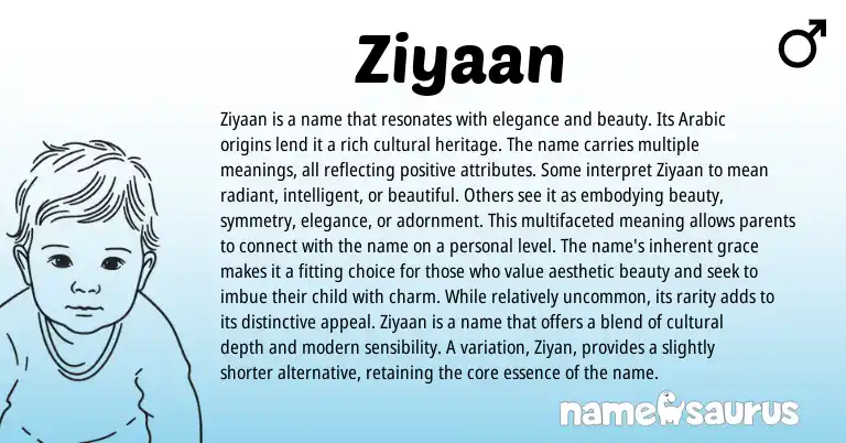 Infographic about Ziyaan name meaning, Ziyaan is a name from Arabic origin(s).