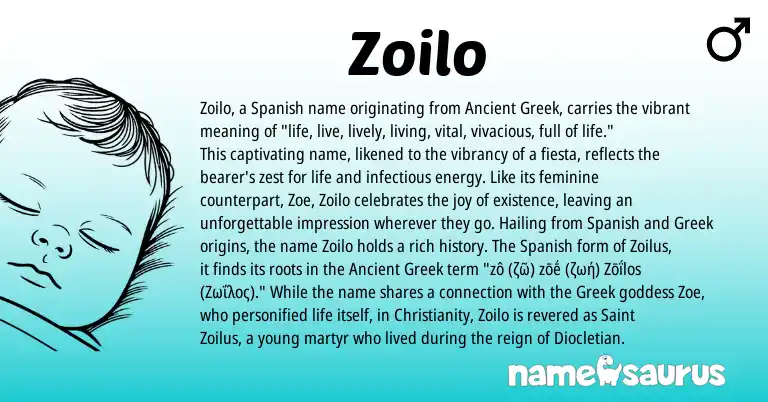 Infographic about Zoilo name meaning, Zoilo is a name from Spanish, Ancient Greek, Christianity, Greek origin(s).