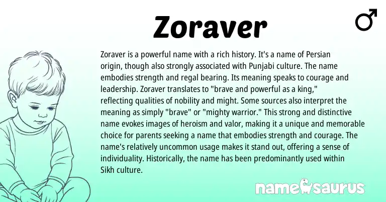 Infographic about Zoraver name meaning, Zoraver is a name from Persian, Sikh origin(s).