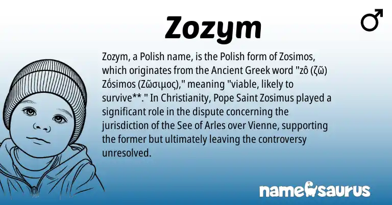 Infographic about Zozym name meaning, Zozym is a name from Polish, Ancient Greek, Christianity origin(s).