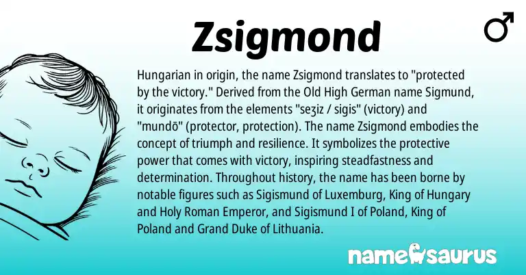 Infographic about Zsigmond name meaning, Zsigmond is a name from Old High German, Hungarian, Roman origin(s).