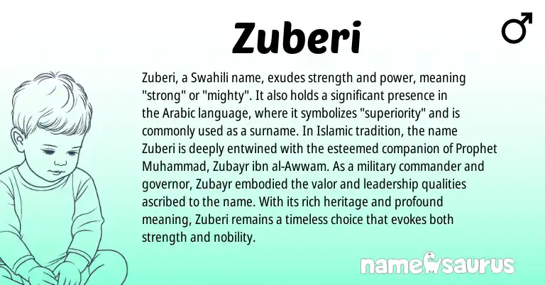 Infographic about Zuberi name meaning, Zuberi is a name from Swahili, Arabic origin(s).