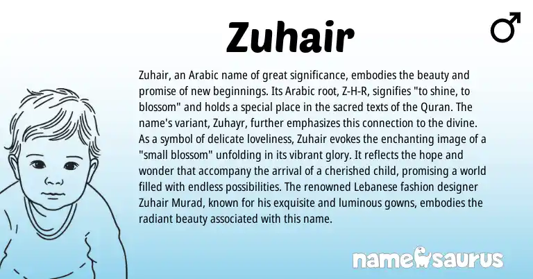 Infographic about Zuhair name meaning, Zuhair is a name from Arabic, Lebanese origin(s).