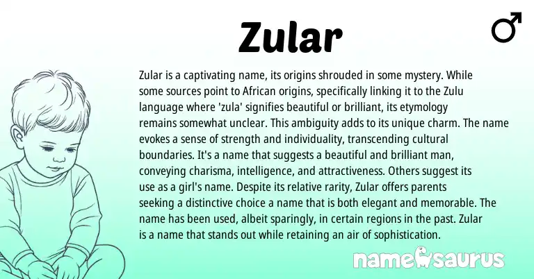 Infographic about Zular name meaning, Zular is a name from Zulu, African, English origin(s).