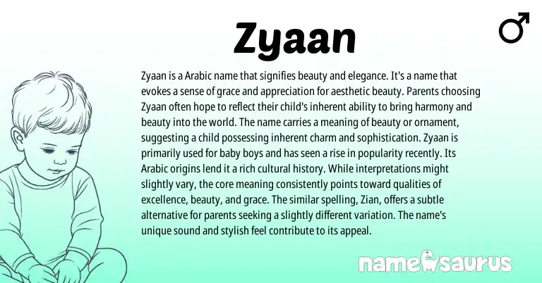 Infographic about Zyaan name meaning, Zyaan is a name from Arabic origin(s).