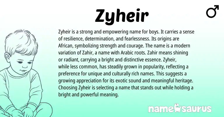 Infographic about Zyheir name meaning, Zyheir is a name from African origin(s).