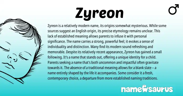 Infographic about Zyreon name meaning, Zyreon is a name from Other origin(s).