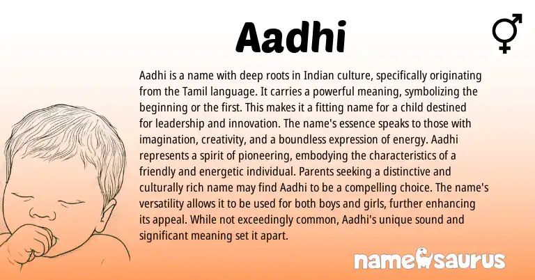 Infographic about Aadhi name meaning, Aadhi is a name from Hindi, Tamil, Indian origin(s).