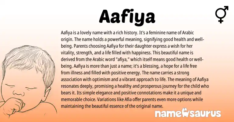 Infographic about Aafiya name meaning, Aafiya is a name from Arabic, English origin(s).
