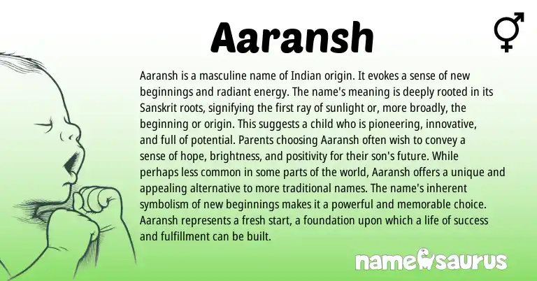 Infographic about Aaransh name meaning, Aaransh is a name from Sanskrit, Indian origin(s).