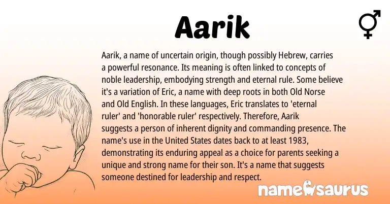 Infographic about Aarik name meaning, Aarik is a name from Hebrew, Scandinavian, English, Norse origin(s).