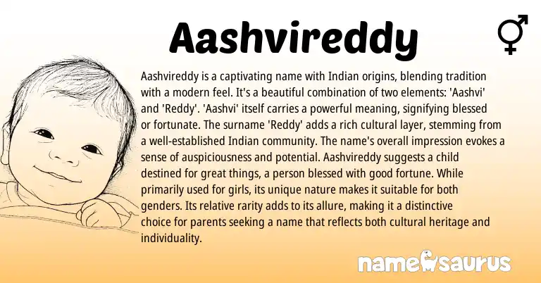 Infographic about Aashvireddy name meaning, Aashvireddy is a name from Indian origin(s).
