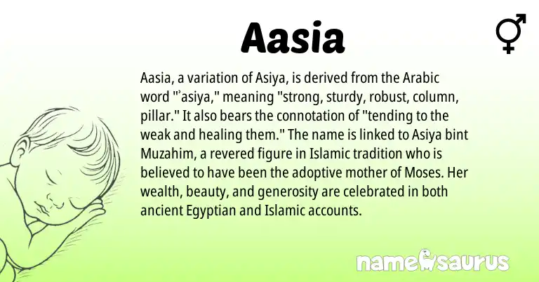 Infographic about Aasia name meaning, Aasia is a name from Egyptian, Arabic origin(s).