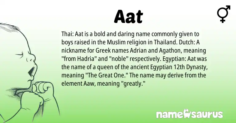 Infographic about Aat name meaning, Aat is a name from Greek, Egyptian, Dutch, Thai, Muslim origin(s).