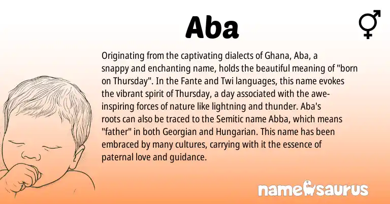 Infographic about Aba name meaning, Aba is a name from Semitic, Fante, Georgian, Hungarian, Ghana, Twi origin(s).