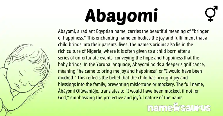 Infographic about Abayomi name meaning, Abayomi is a name from Egyptian, Yoruba, Nigeria origin(s).