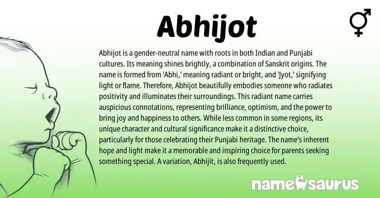 Infographic about Abhijot name meaning, Abhijot is a name from Indian, Sanskrit origin(s).