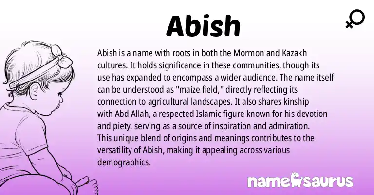 Infographic about Abish name meaning, Abish is a name from Mormon, Kazakh origin(s).