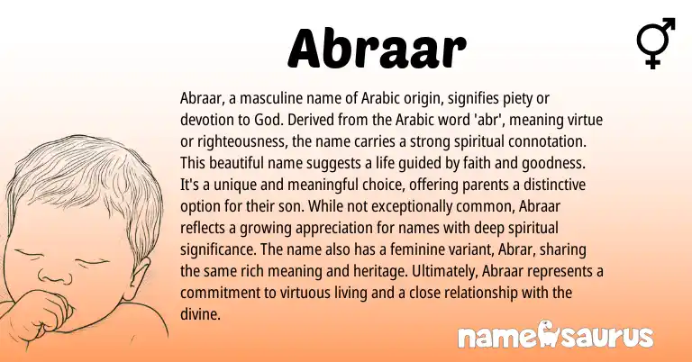 Infographic about Abraar name meaning, Abraar is a name from Arabic origin(s).