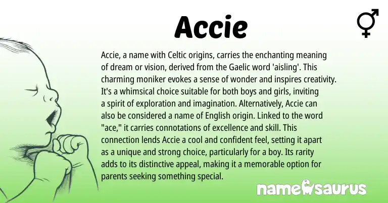 Infographic about Accie name meaning, Accie is a name from Gaelic, English, Celtic origin(s).