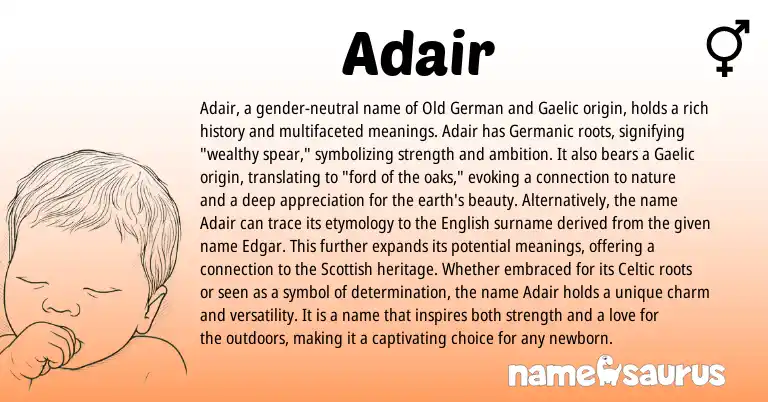 Infographic about Adair name meaning, Adair is a name from English, Gaelic, Germanic, Celtic, Old German, Scottish origin(s).