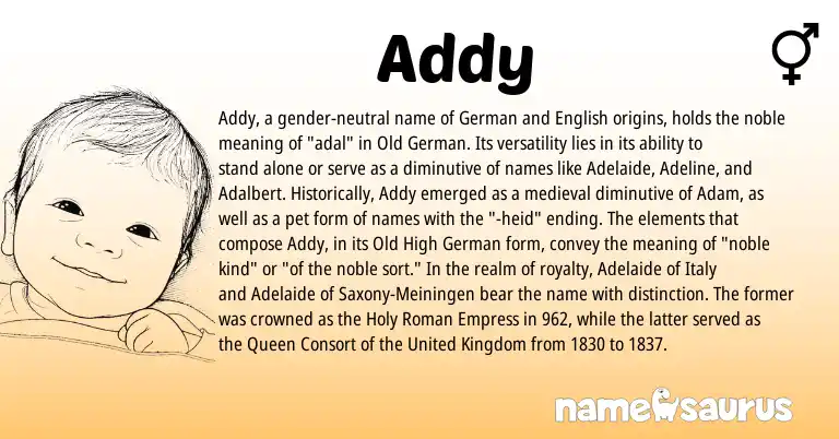 Infographic about Addy name meaning, Addy is a name from Old High German, English, Roman, United Kingdom, Old German, German origin(s).