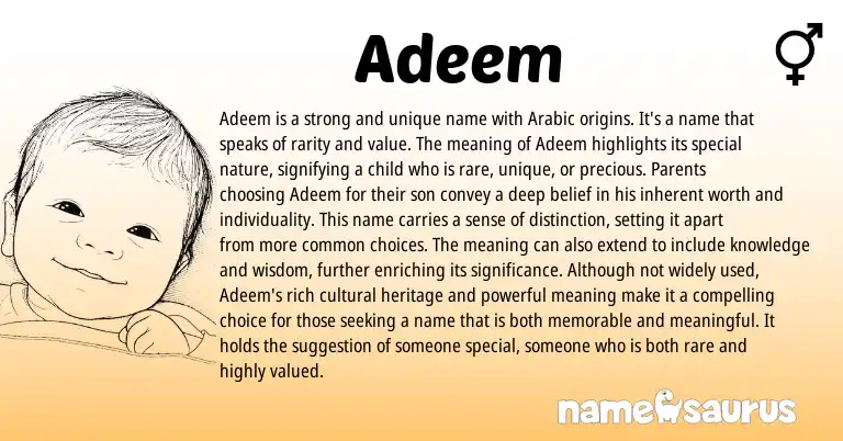 Infographic about Adeem name meaning, Adeem is a name from Arabic origin(s).