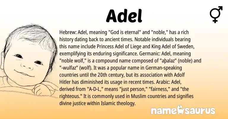 Infographic about Adel name meaning, Adel is a name from Germanic, Arabic, German, Hebrew, Muslim origin(s).