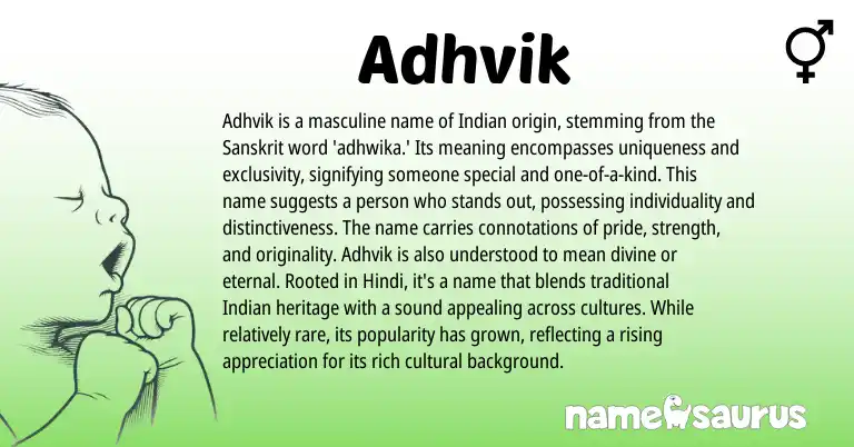 Infographic about Adhvik name meaning, Adhvik is a name from Sanskrit, Indian origin(s).