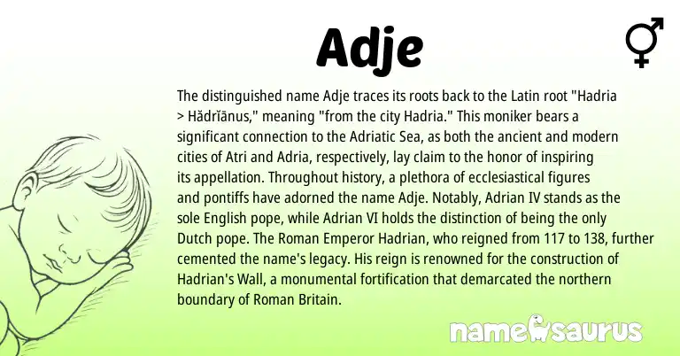 Infographic about Adje name meaning, Adje is a name from Roman, Dutch, English, Latin origin(s).