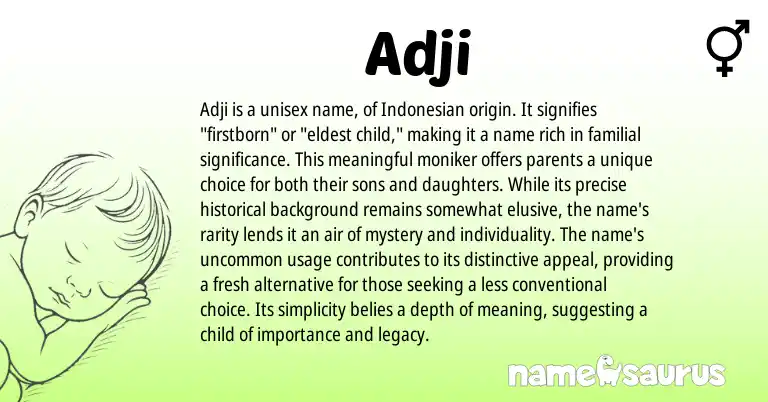 Infographic about Adji name meaning, Adji is a name from Indonesian origin(s).