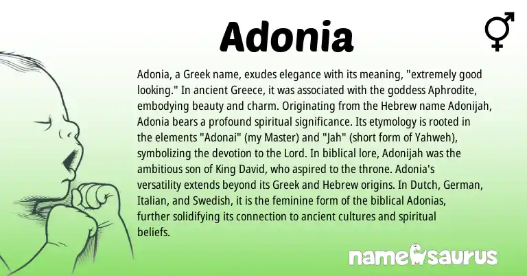 Infographic about Adonia name meaning, Adonia is a name from Greece, Swedish, Greek, German, Dutch, Hebrew, Italian origin(s).