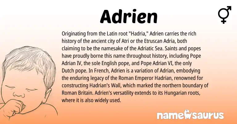 Infographic about Adrien name meaning, Adrien is a name from English, Etruscan, Hungarian, French, Latin, Roman, Dutch origin(s).