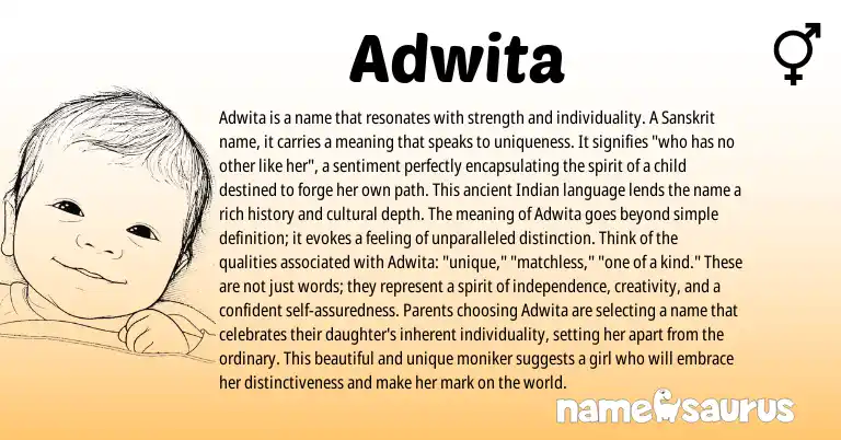 Infographic about Adwita name meaning, Adwita is a name from Sanskrit origin(s).
