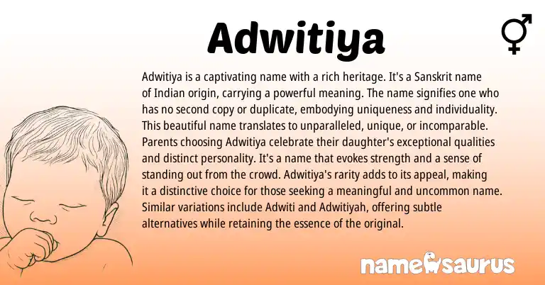 Infographic about Adwitiya name meaning, Adwitiya is a name from Sanskrit, Indian origin(s).