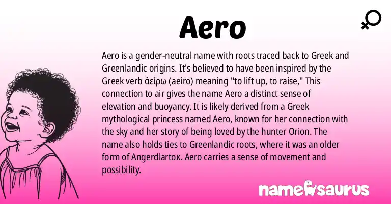 Infographic about Aero name meaning, Aero is a name from Greek, Greek Mythology, Greenlandic, English (American) origin(s).