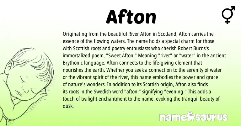 Infographic about Afton name meaning, Afton is a name from Swedish, Scottish, Brythonic origin(s).