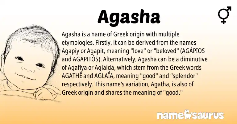 Infographic about Agasha name meaning, Agasha is a name from Greek origin(s).