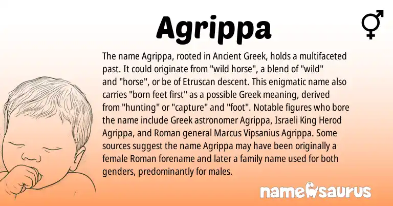 Infographic about Agrippa name meaning, Agrippa is a name from Ancient Greek, Israeli, Etruscan, Roman, Greek origin(s).