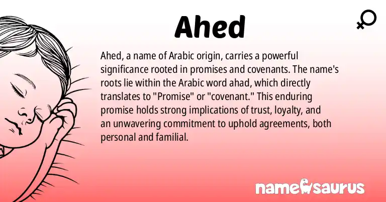 Infographic about Ahed name meaning, Ahed is a name from Arabic origin(s).
