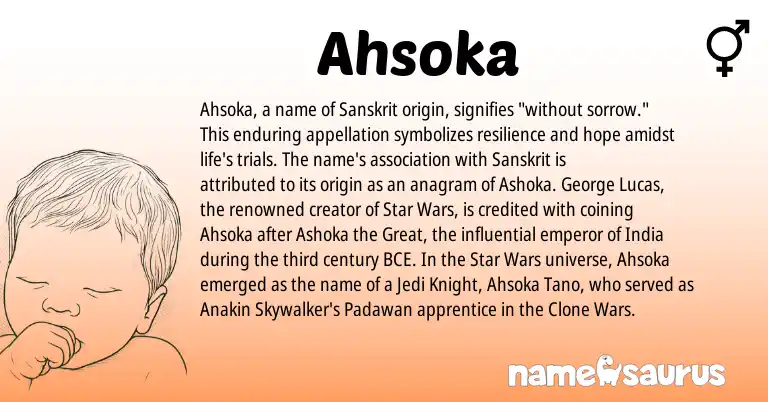 Infographic about Ahsoka name meaning, Ahsoka is a name from Sanskrit origin(s).
