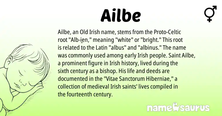 Infographic about Ailbe name meaning, Ailbe is a name from Irish, Latin, Old Irish, Proto-Celtic origin(s).