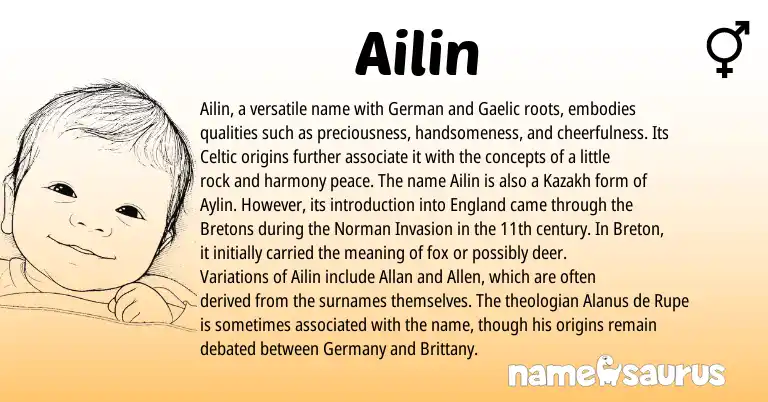 Infographic about Ailin name meaning, Ailin is a name from Breton, England, Kazakh, Gaelic, Bretons, Celtic, German, Norman origin(s).