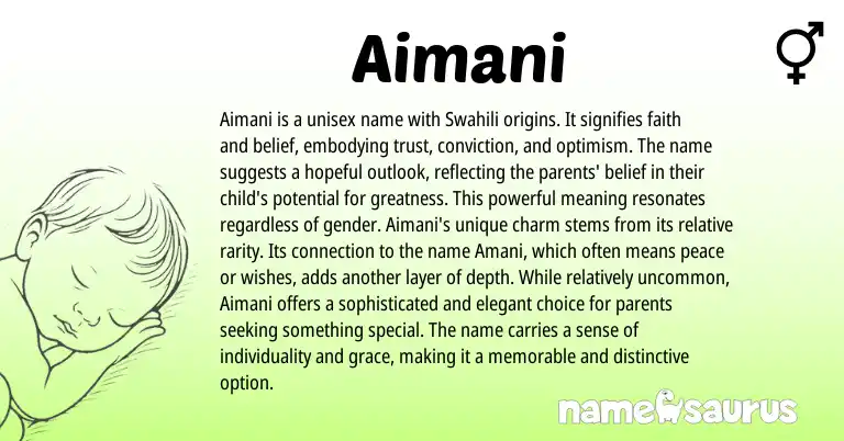 Infographic about Aimani name meaning, Aimani is a name from English, Swahili origin(s).