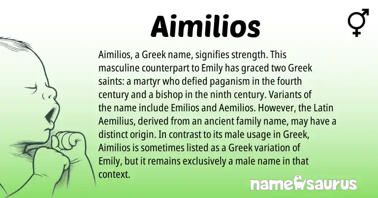 Infographic about Aimilios name meaning, Aimilios is a name from Latin, Greek origin(s).