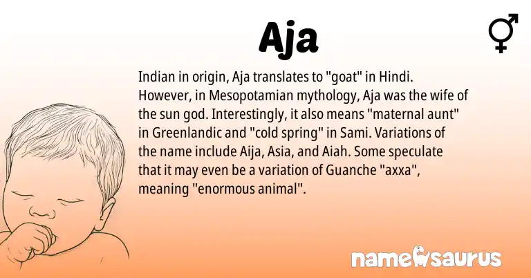 Infographic about Aja name meaning, Aja is a name from Sami, Greenlandic, Guanche, Indian, Hindi origin(s).