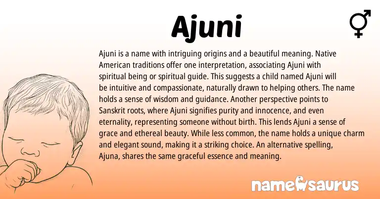 Infographic about Ajuni name meaning, Ajuni is a name from American origin(s).